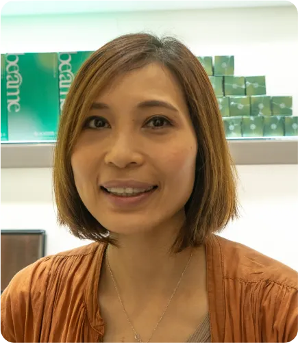 Athena smiling at a Beame location