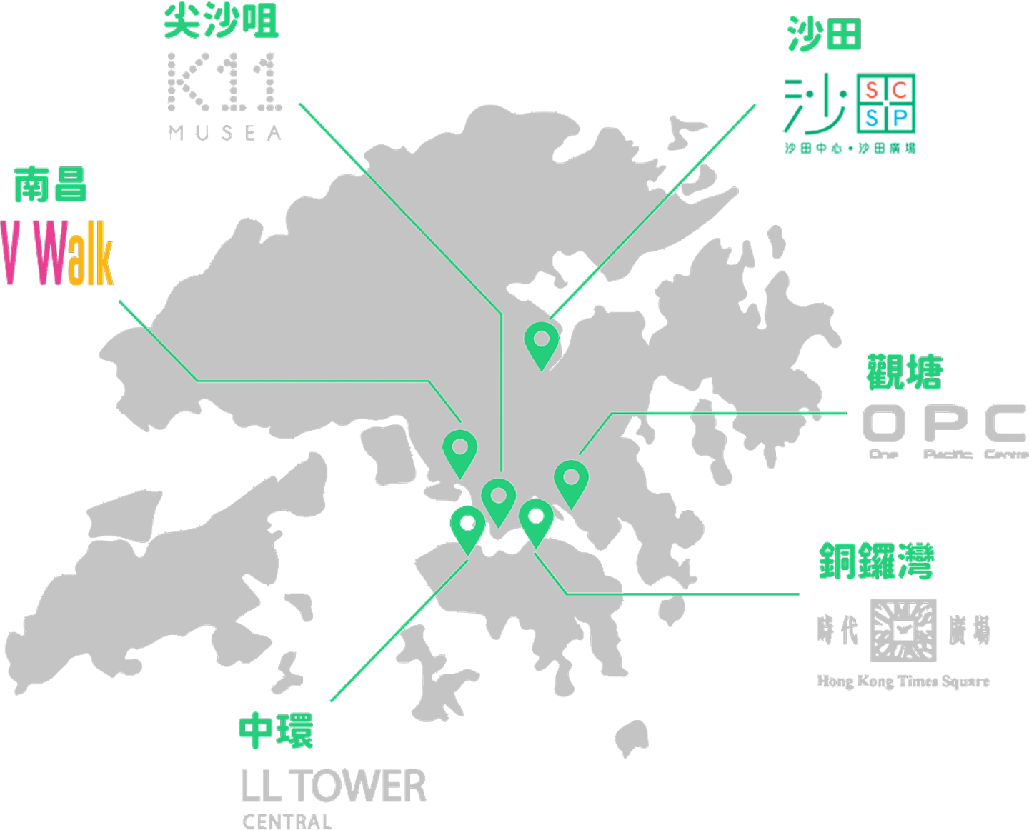 Beame 香港門市地圖，包括尖沙咀 K11 Musea ｜ 銅鑼灣 Time Square ｜ 觀塘 One Pacific Centre ｜ 南昌 V Walk｜沙田中心．沙田廣場。